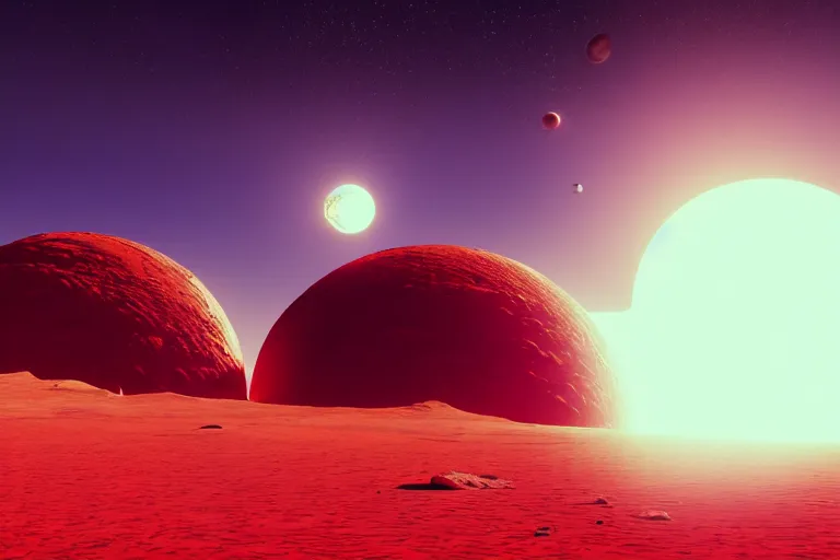 Image similar to a desert world planet with a crashed spaceship. 3 moons in the sky. hyper-realistic photo artistic trending on artstation beautiful scenic octane render reddish hue highly detailed, 8k, epic composition