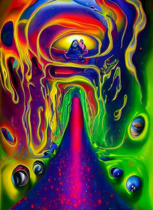 Image similar to an extremely high quality hd surrealism painting of a 3d slow-shutter galactic neon complimentary colored cartoon surrealism melting optical illusion hallway by kandsky and salviadoor dali the seventh, salvador dali's much much much much more talented painter cousin, 4k, ultra realistic, super realistic, so realistic that it changes your life and you become pregnant with jesus