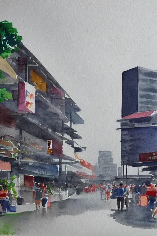 Prompt: a watercolor depicting a singapore geylang, gloomy weather, high contrast, smooth, by joseph zbikowicz, 8 k