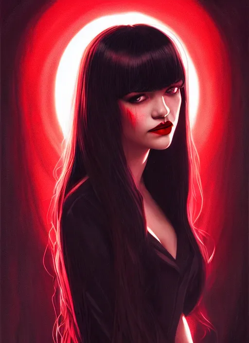 Image similar to portrait of vampire veronica lodge with bangs, vampire fangs, vampire, long hair, red clothes, bangs, vampironica, intricate, elegant, glowing lights, highly detailed, digital painting, artstation, concept art, smooth, sharp focus, illustration, art by wlop, mars ravelo and greg rutkowski