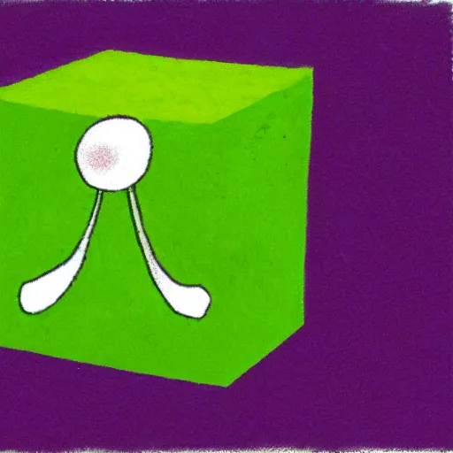 Prompt: an illustration of a green cube with a face and white horns