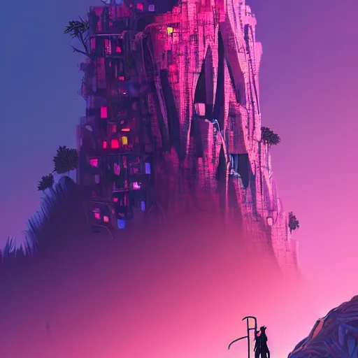 Image similar to comic book art of a [ man ] in trenchcoat with ( glowing ) crossing a [ old ] [ rope ] bridge in a [ jungle ] looking up at a [ mountain ] made of crystalized pink rock, a [ glowing tower ] extends into the sky, low angle, artstation illustration, elegant, cyberpunk, volumetric fog, arcane by tim doyle