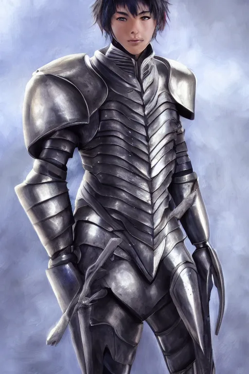 Image similar to a male teenager wearing a silver plate armor, short black hair, artgem style, fancy lighting, complementary colours, face portrait, harmonious, soft colors, digital painting, masterpiece, realistic and detailed face, color painting, realistic, highly detailed, high quality, portait picture, anatomically correct, pixar and disney style, anime style