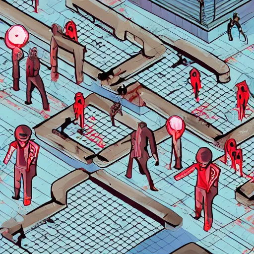 Prompt: a search and find illustration of a zombie horde at a train station with survivors hidden behind objects, isometric view, photorealistic