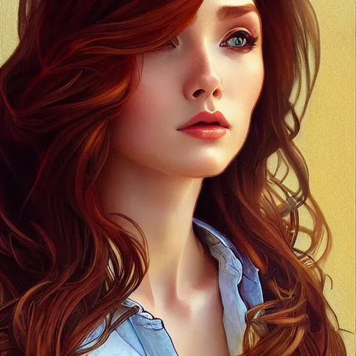 Prompt: womanlong brown hair blouse jeans, highly detailed, digital painting, artstation, concept art, smooth, sharp focus, illustration, art by artgerm and alphonse mucha