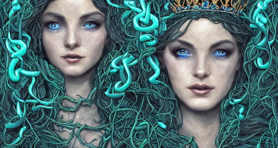 Image similar to detailed portrait of the queen of snakes, pale blue, emerald, sapphire, wearing a crown of vines, nest of vipers, moonlit, dark fantasy concept art, dramatic lighting, artstation