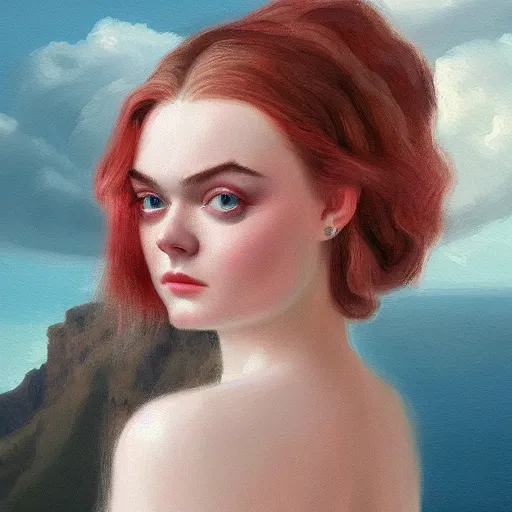 Image similar to professional painting of Elle Fanning in Santorini in the style of Delphin Enjolras, head and shoulders portrait, symmetrical facial features, smooth, sharp focus, illustration, intricate, stormy weather, extremely detailed masterpiece,