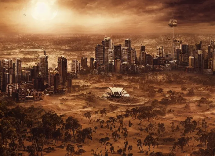 Image similar to australia after the apocalypse, cinematic matte painting
