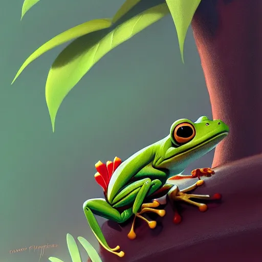 Image similar to goro fujita illustration a young little frog in the jungle by goro fujita, painting by goro fujita, sharp focus, highly detailed, artstation