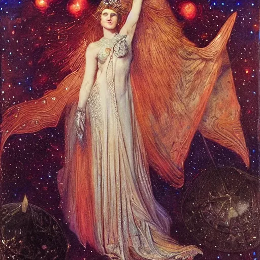 Image similar to the queen of the moon and the stars in full regalia, by Annie Swynnerton and Tino Rodriguez and jean delville, elaborately costumed, rich color, dramatic cinematic lighting, extremely detailed