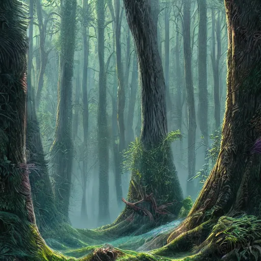Prompt: forest in the morning light, fantasy science fiction hyper detailed digiital illustration, trending on artstation