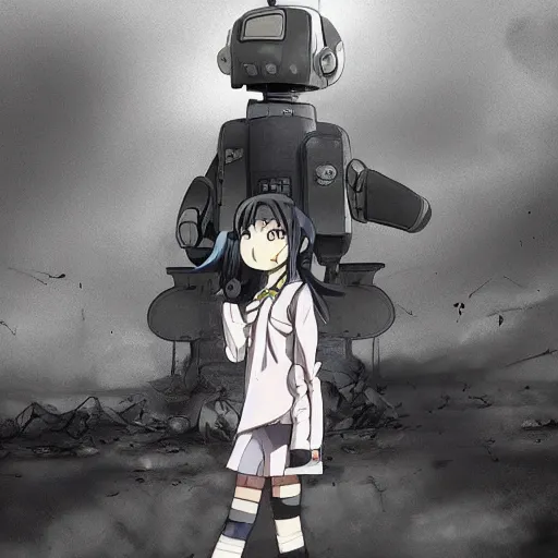 Prompt: Abandoned and derelict android with a desolate robot standing in front of it in the style of Shōjo Shūmatsu Ryokō (girl's last tour) made by Tsukumizu, pixiv, pinterest anime, art by a known anime artist, art by manga, realistic, wide focus, 8k ultra, insanely detailed, intricate, elegant, art by Laurie Lipton, digital art