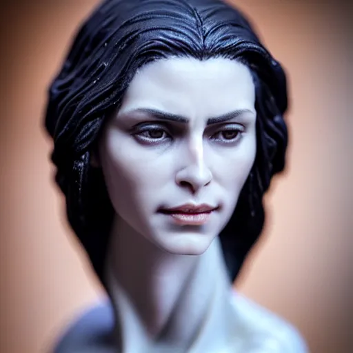 Image similar to photo taken of an epic intricate, ultra detailed, super realistic life sized bust of a majestic gracious regal aristocratic brunette female vampire created by weta workshop, menacing, some zoomed in shots, photorealistic, sharp focus, white wall, extremely cold blueish colour temperature, 3 5 mm, f 1. 4, golden ratio