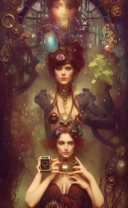 Image similar to hyper realistic photographer taking a picture, magical, gems, jewels, gold, steampunk, cyberpunk utopia, painted by tom bagshaw, mucha, gaston bussiere, craig mullins, j. c. leyendecker 8 k