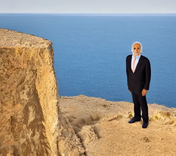 Image similar to a cat standing on a cliff overlooking a beach. hyper realistic and anamorphic 2 0 1 0 s movie still of giovanni falcone, by paolo sorrentino, leica sl 2 3 0 mm, beautiful color, high quality, high textured, lens flare, refined face and muzzle.