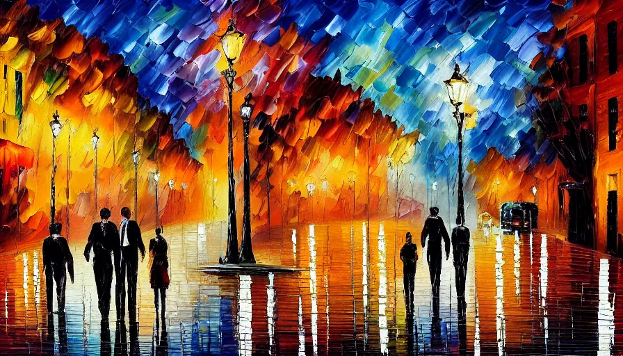 Image similar to painting afremov leonid evening landscape in the city and two people on the road