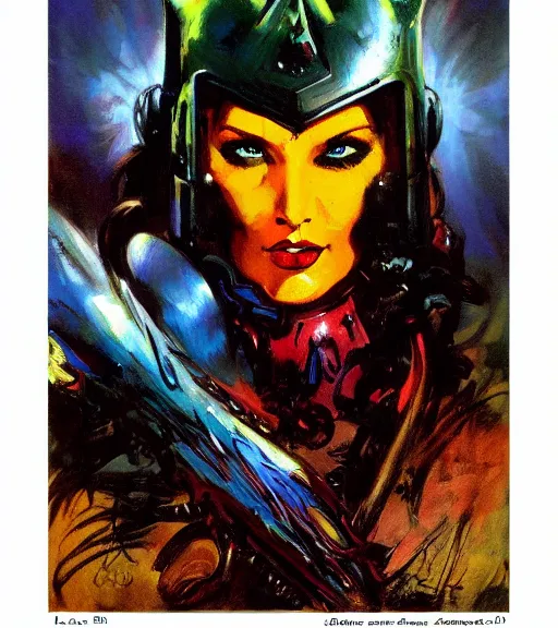 Image similar to portrait of strong female chaos angel, beautiful! coherent! by frank frazetta, by brom, strong line, vivid neon color, spiked metal armor, iron helmet maximalist