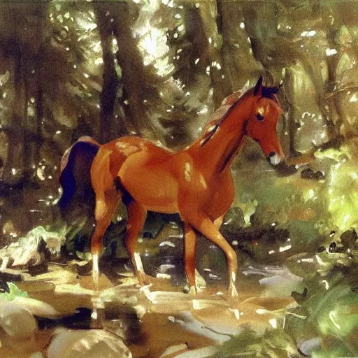 Image similar to A beautiful water painting of an elf Horse in the forest, John Singer Sargent