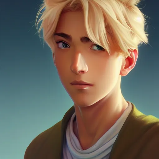 Prompt: young man with short, ash blond hair, path traced, highly detailed, high quality, digital painting, by don bluth and ross tran and studio ghibli and alphonse mucha, artgerm, 4 k, fantasy painting, sylvain sarrailh