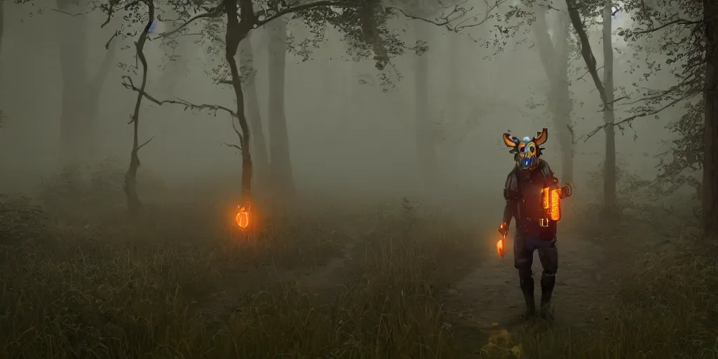 Image similar to a beautifully strange image of a gamekeeper wearing a dieselpunk mechanical fluorescent mystical animal mask. walking in the misty, dangerous river. in style of fornite game. award winning. dramatic. trending on artstation. high quality. rendered by beeple, by makoto shinkai, syd meade, digital art, unreal engine 5, fornite game. octane render