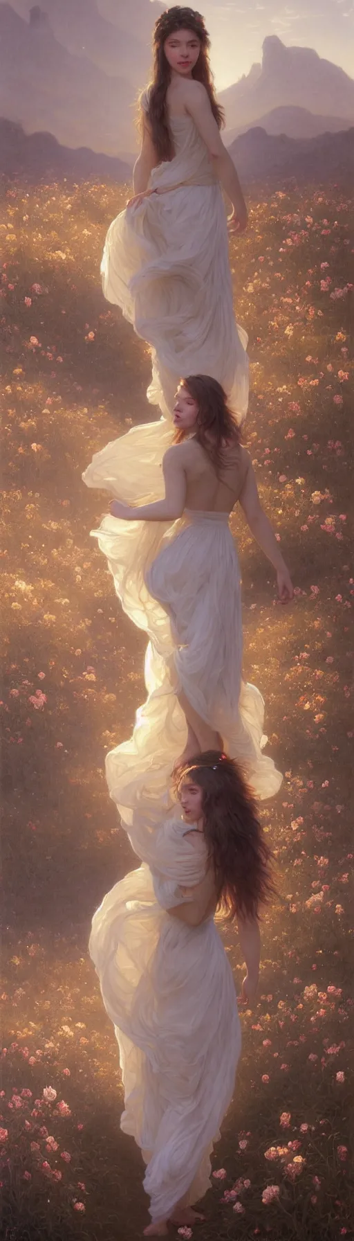 Image similar to oil painting portrait of a young woman with long flowing hair in a white dress, dancing through a field of flowers at sunset with mountains in the background, hazy, chiaroscuro, artstation, cinematic, golden hour, digital art painting by greg rutkowski, william - adolphe bouguereau, hazy atmosphere, flowers, cinematic lighting