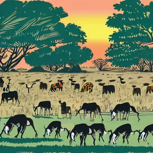 Image similar to quentin blake, mcbess illustration of a safari at sunset