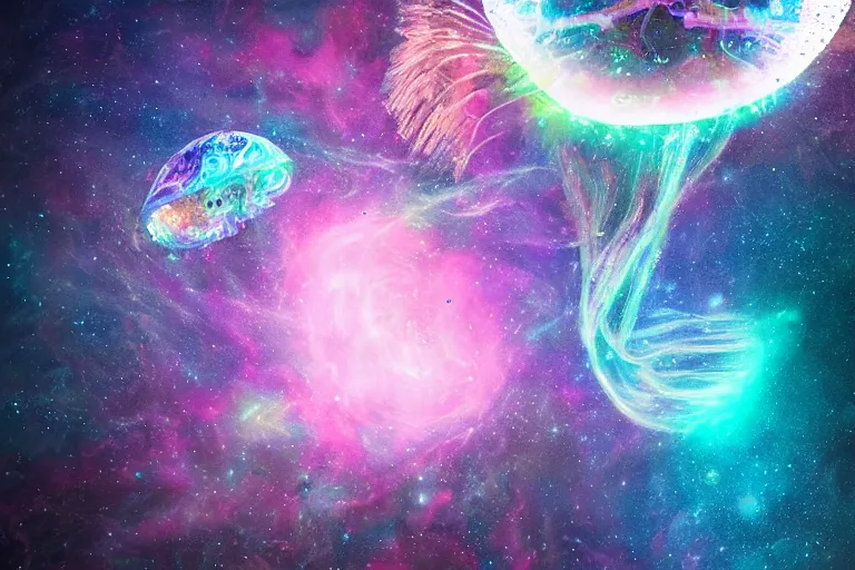 Image similar to a giant mystical cosmic bioluminescent space jellyfish jumping through a space nebula leaving stardust trails behind, digital art, photorealistic, highly detailed, intricate