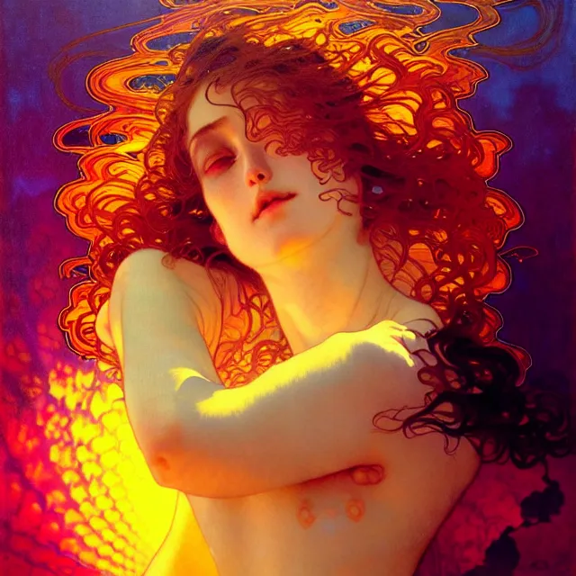 Image similar to transcendent mind bending indigo waves of glossy psychedelic liquid honey flowing like kaleidoscopic translucent amber, lsd waves, honey ripples, enlightenment, dramatic professional lighting, refracted sunset lighting, art by collier, albert aublet, krenz cushart, artem demura, alphonse mucha