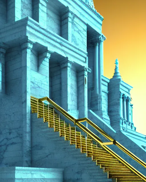 Image similar to scientifically realistic render scifi gold staircase to royal temple carved out of marble skeleton and blue gems and cyan crystal rendered in octane