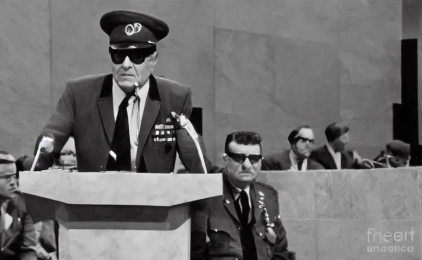 Prompt: 60s movie still of Josip Broz Tito with his general's cap delivering a speech at the UN, by Irving Penn , kodakchrome, heavy grainy picture, very detailed, high quality, 4k, HD criterion, precise texture