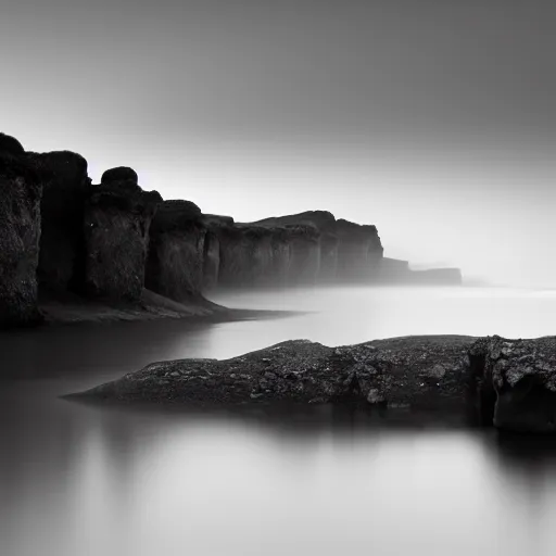 Image similar to minimalist black and white photograph of an icelandic gorge, time exposure, of a river, sharp tall pillars, sharp rocks,