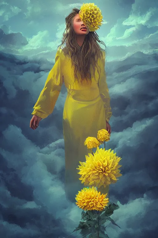 Image similar to closeup girl with huge yellow dahlia flower face, intricate, standing on mountain, surreal photography, blue storm clouds, dramatic light, impressionist painting, digital painting, artstation, simon stalenhag