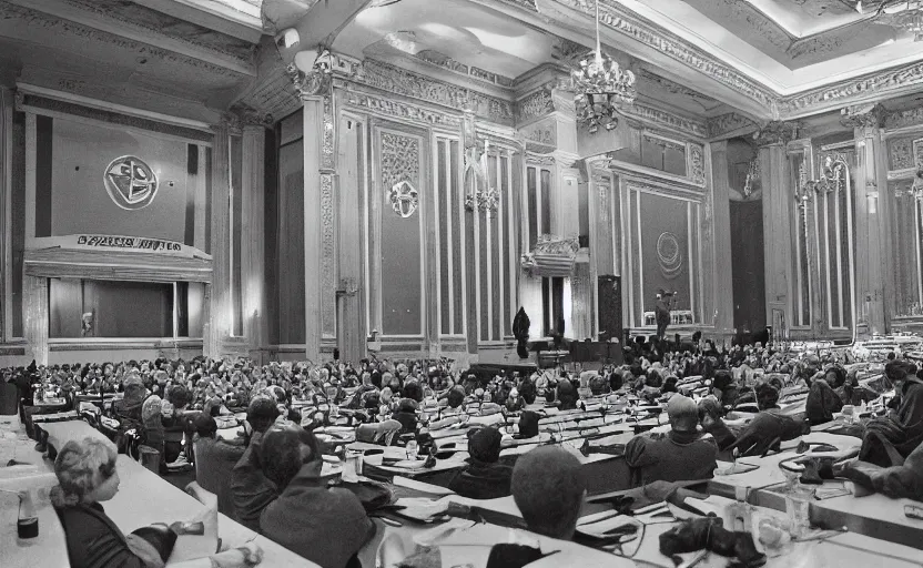 Image similar to 60s movie still of a CCCP congress with soviet flags and a bronze statue of Karl Marx stanilist style palace interior, by Irving Penn , cinestill 800t 35mm black and white, heavy grainy picture, very detailed, high quality, 4k, HD criterion, precise texture