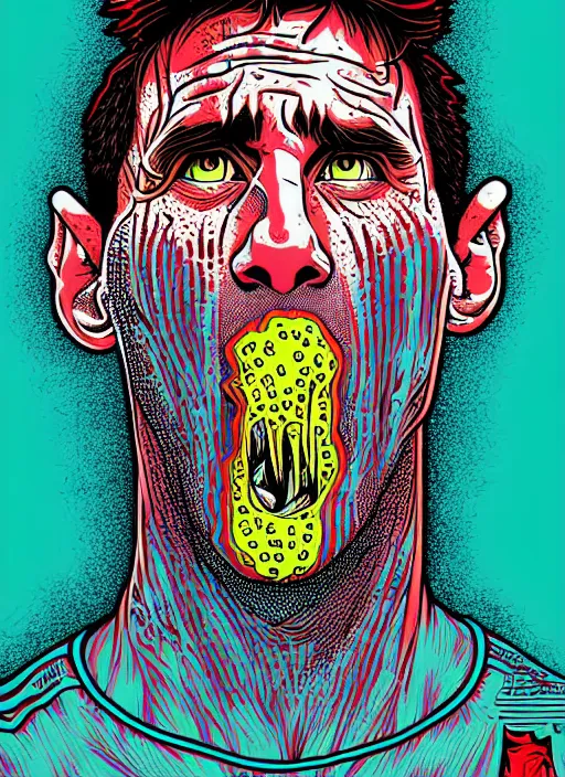 Image similar to messi's disgusting true form bursting from within, gross, slimy, sleazy, pustules, high details, intricate details, by dan mumford