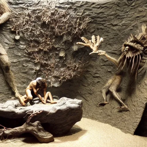 Prompt: natural history museum diorama of a caveman inspecting a ufo crash,