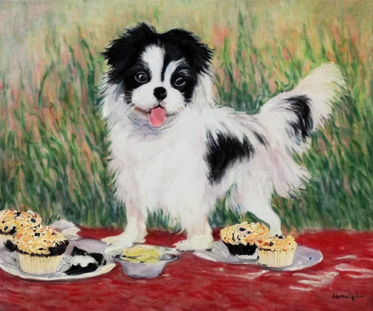 Image similar to white and black japanese chin dog eating cherry muffins, water painting, monet