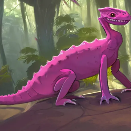 Image similar to concept art painting of an anthropomorphic lizard wearing magenta wizard robes, in the deep forest, realistic, detailed, cel shaded, in the style of makoto shinkai and greg rutkowski and james gurney