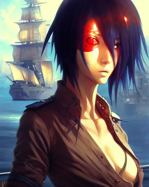 Prompt: portrait Anime Pirate on a ship Sharp fine face, pretty face, realistic shaded Perfect face, fine details. Anime. cyberpunk realistic shaded lighting by katsuhiro otomo ghost-in-the-shell, magali villeneuve, artgerm, rutkowski Jeremy Lipkin and Giuseppe Dangelico Pino and Michael Garmash and Rob Rey