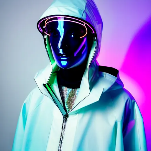 Image similar to an ultra high definition professional studio quality photograph of an artificially intelligent celebrity cyberpunk pop star wearing a transparent iridescent pastel coloured face visor and matching raincoat on white coat hook in a sheer icelandic black rock environment. dramatic lighting. volumetric shadows. light rays