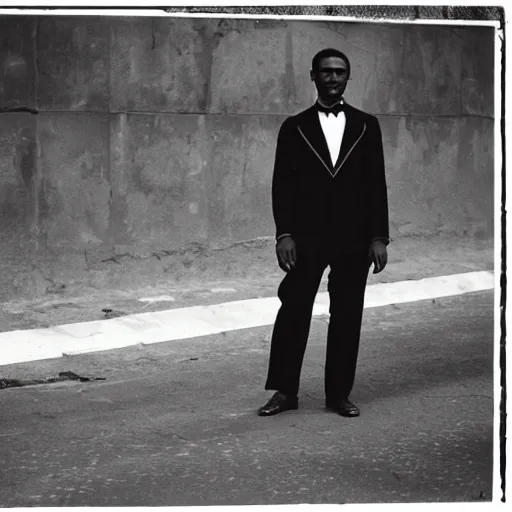 Image similar to vintage photo of a black man wearing a black suit in rio de janeiro