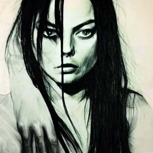 Prompt: grunge drawing of margot robbie in the style of the grudge | horror themed