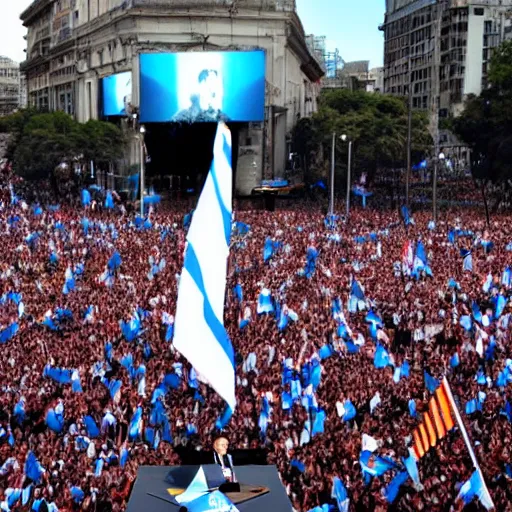 Image similar to Lady Gaga as president, Argentina presidential rally, Argentine flags behind, bokeh, giving a speech, detailed face, Argentina