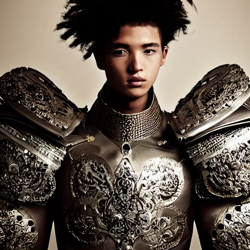Image similar to a portrait of a beautiful young male wearing an alexander mcqueen armor made of paper , photographed by andrew thomas huang, artistic