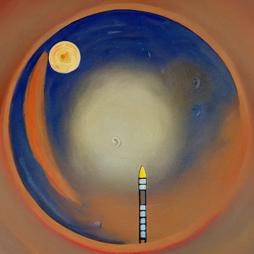 Prompt: a painting of a giant coin on top of a rocket shooting towards the moon