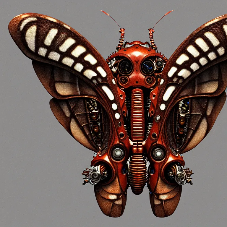 Image similar to steampunk cybernetic biomechanical cecropia moth with wings, 3 d model, very coherent symmetrical artwork, unreal engine realistic render, 8 k, micro detail, intricate, elegant, highly detailed, centered, digital painting, artstation, smooth, sharp focus, illustration, artgerm, tomasz alen kopera, wlop