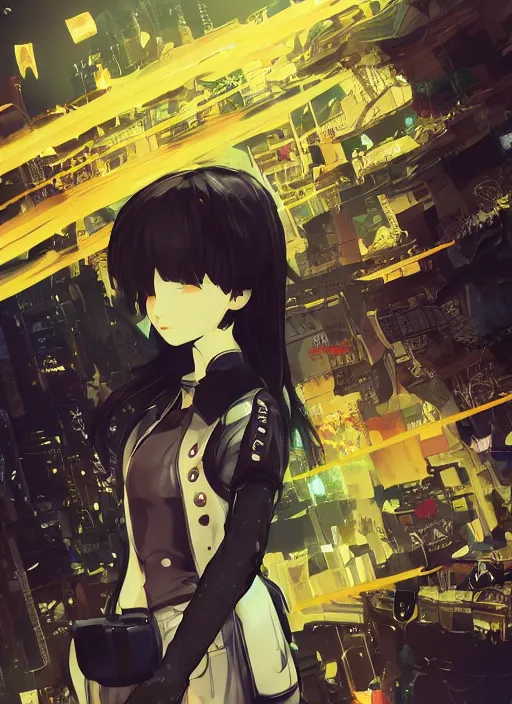 Image similar to JRPG game poster, luxury advertisement, yellow filter. Clean and detailed post-cyberpunk sci-fi close-up schoolgirl in asian city in style of cytus and deemo, blue flame, relaxing, calm and mysterious vibes, by Tsutomu Nihei, by Yoshitoshi ABe, by Ilya Kuvshinov, by Greg Tocchini, nier:automata, set in half-life 2, Matrix, GITS, Blade Runner, Neotokyo Source, Syndicate(2012), dynamic composition, beautiful with eerie vibes, very inspirational, very stylish, with gradients, surrealistic, dystopia, postapocalyptic vibes, depth of field, mist, rich cinematic atmosphere, perfect digital art, mystical journey in strange world, beautiful dramatic dark moody tones and studio lighting, shadows, bastion game, arthouse