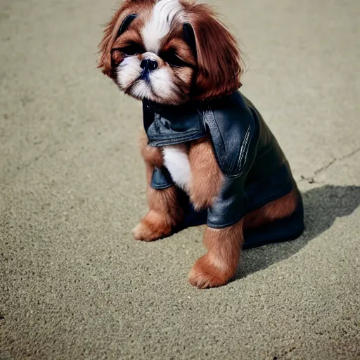 Prompt: photo of a golden shih tzu wearing leather jacket