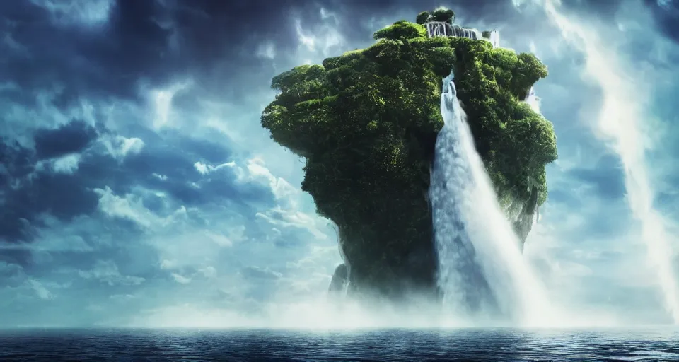 Image similar to A magnificent floating island in the sky above the sea, defying gravity, waterfall falling down, epic lighting, epic composition, cinematic, highly detailed, 4k