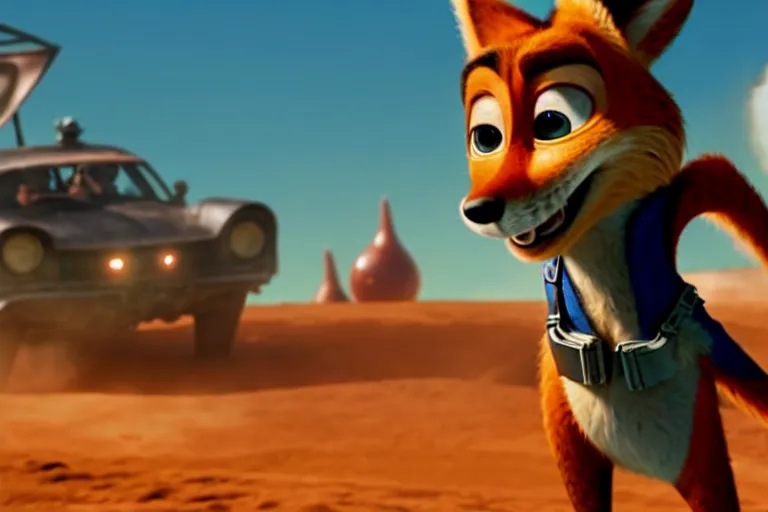 Image similar to nick wilde ( from zootopia ), heavily armed and armored facing down armageddon in a dark and gritty reboot from the makers of mad max : fury road