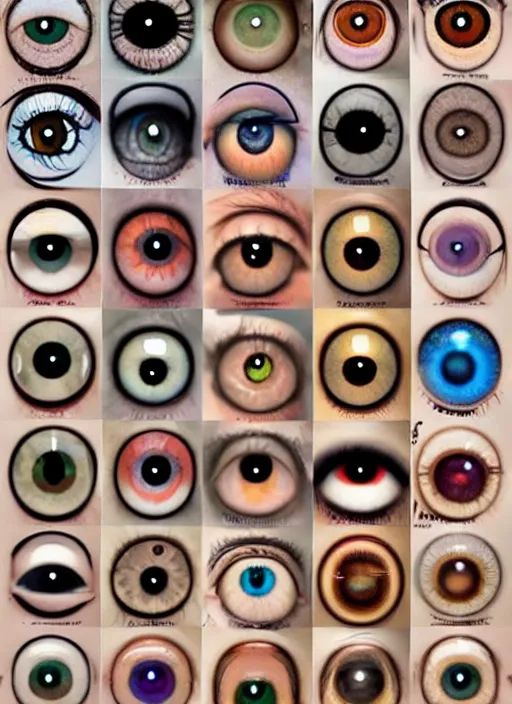 Prompt: diverse eyes!, dot pupils, round pupil, round iris, advanced art, art styles mix, from wikipedia, grid of styles, various eye shapes